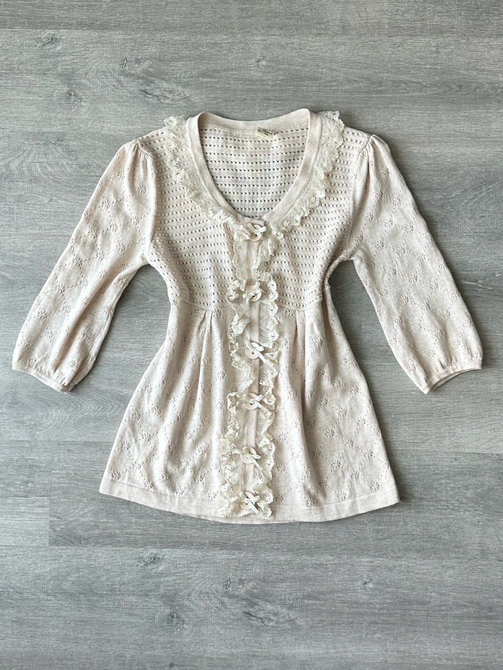 Knit & co Cream Lace-Trim Knit Babydoll Button Up Cardigan 3/4 Sleeves Cottage